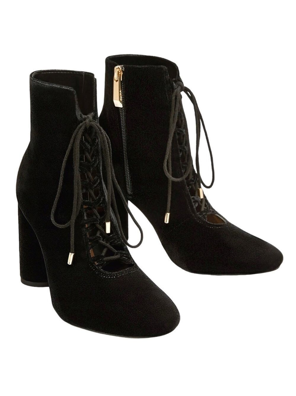 Zara Velvet Lace Up Vintage Style Blook Heel Side Zip Black Ankle Booties Boots